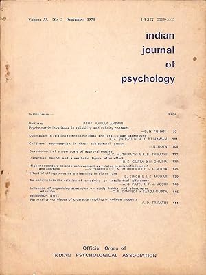 Seller image for Indian Journal of Psychology Vol. 53, No. 3 for sale by Majestic Books