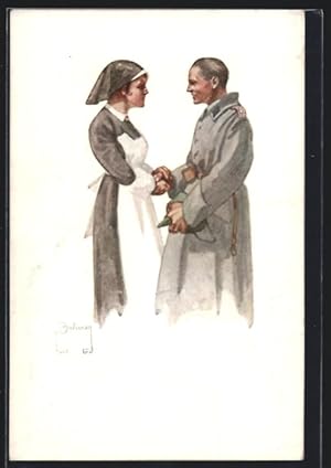 Bild des Verkufers fr Knstler-Ansichtskarte Genesener Soldat bedankt sich bei einer Rot-Kreuz-Schwester zum Verkauf von Bartko-Reher
