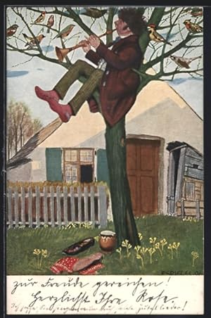 Bild des Verkufers fr Knstler-Ansichtskarte Ferdinand Spiegel: Der Sonderling - Mann spielt Vgeln im Baum auf Blasinstrument etwas vor zum Verkauf von Bartko-Reher