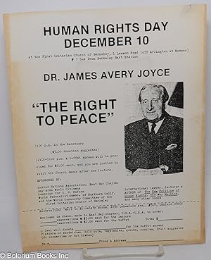 Imagen del vendedor de Human Rights Day December 10 at the First Unitarian Church of Berkeley [.] Dr. James Avery Joyce [handbill] a la venta por Bolerium Books Inc.