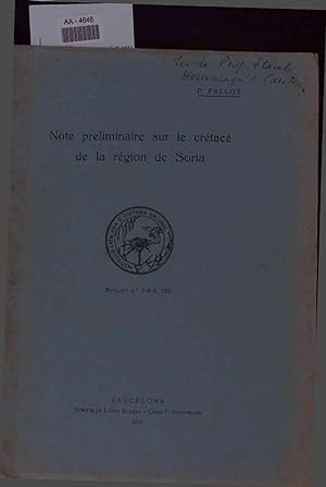 Bild des Verkufers fr Note preliminaire sur le cretace de la region de Soria. zum Verkauf von Antiquariat Bookfarm