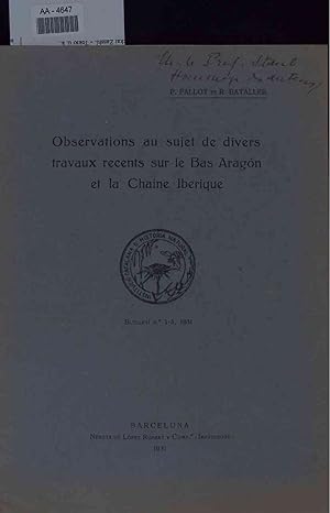 Bild des Verkufers fr Observations au sujet de divers travaux recents sur le Bas Aragon et la Chaine Iberique. zum Verkauf von Antiquariat Bookfarm