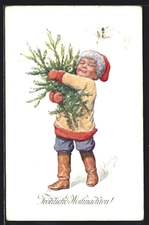 Bild des Verkufers fr Knstler-Ansichtskarte Karl Feiertag: Kleiner Mann mit Tannenzweigen zum Verkauf von Bartko-Reher