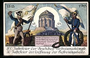 Bild des Verkufers fr Ansichtskarte Kelheim, 50 Jahre Erffnung d. Befreiungshalle, 100 Jahre Befreiungskriege 1813-1913, Soldaten zum Verkauf von Bartko-Reher