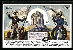 Bild des Verkufers fr Ansichtskarte Kelheim, 50 Jahre Erffnung d. Befreiungshalle, 100 Jahre Befreiungskriege 1813-1913, Soldaten zum Verkauf von Bartko-Reher