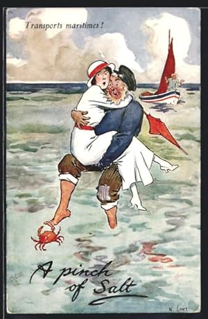 Bild des Verkufers fr Knstler-Ansichtskarte Transports maritimes!, Kapitn trgt Dame durchs Meer zum Verkauf von Bartko-Reher