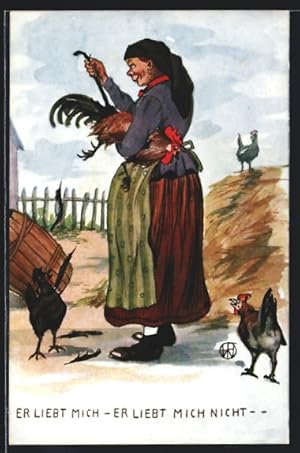 Imagen del vendedor de Ansichtskarte Buerin rupft dem Hahn die Federn aus, Er liebt mich, er liebt mich nicht. Scherz a la venta por Bartko-Reher