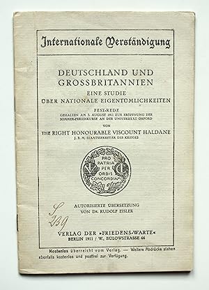 Imagen del vendedor de Deutschland und Grossbritannien. Eine Studie ber nationale Eigentmlichkeiten. Fest-Rede gehalten am 3. August zur Erffnung der Sommer-Ferienkurse. Autorisierte bersetzung von Rudolf Eisler. a la venta por Versandantiquariat Hsl