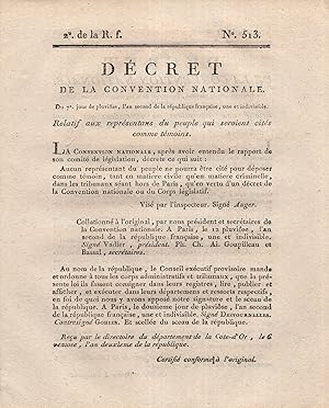 Seller image for Dcret de la Convention Nationale, du 7 jour de pluvise, l'an second de la rpublique franaise, une et indivisible, relatif aux reprsentans du peuple qui seroient cits comme tmoins. - Suivi de : Dcret de la Convention Nationale, du 12 jour de pluvise, l'an second de la rpublique franaise, une et indivisible, relatif aux rvocations ou arrestations qui seront ordonnes par les inspecteurs gnraux des charrois militaires. for sale by PRISCA