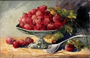 Künstler Ansichtskarte / Postkarte Golay, Mary, Stillleben, Erdbeeren, Silberschale