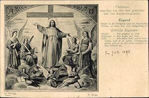 Künstler Ansichtskarte / Postkarte Weiss, T., Christus umgeben von den drei göttlichen und 4 Kard...