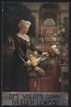 Bild des Verkufers fr Ansichtskarte Kaiserin Auguste Victoria von Preussen bringt dem verletzten Soldaten einen Strauss gelber Rosen zum Verkauf von Bartko-Reher
