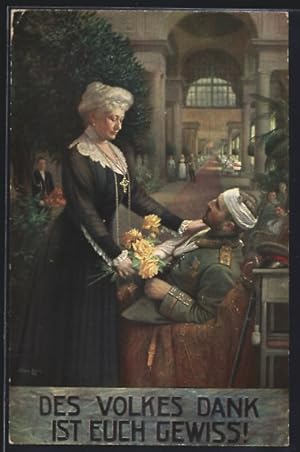 Image du vendeur pour Ansichtskarte Kaiserin Auguste Victoria von Preussen bringt dem verletzten Soldaten einen Strauss gelber Rosen mis en vente par Bartko-Reher