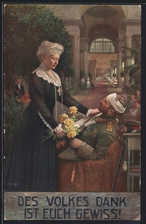Bild des Verkufers fr Ansichtskarte Kaiserin Auguste Victoria von Preussen bringt dem verletzten Soldaten einen Strauss gelber Rosen zum Verkauf von Bartko-Reher