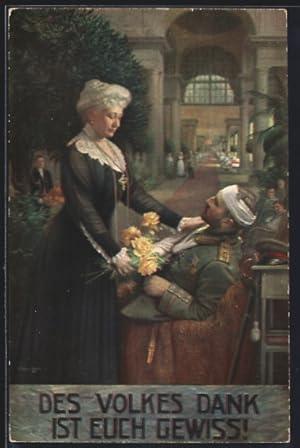 Bild des Verkufers fr Knstler-Ansichtskarte Des Volkes Dank ist Euch gewiss!, Kaiserin Auguste Victoria und Verwundeter zum Verkauf von Bartko-Reher