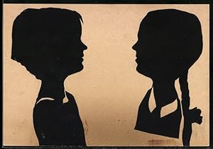 Ansichtskarte Zwei Mädchen im Profil, Scherenschnitt