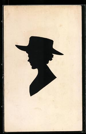 Ansichtskarte Stubsnasige Dame mit Hut, Scherenschnitt