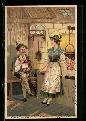 Bild des Verkufers fr Knstler-Ansichtskarte Mann und Frau in bayerischer Tracht in der Kche zum Verkauf von Bartko-Reher