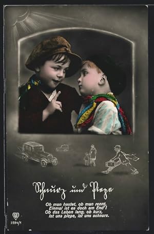 Bild des Verkufers fr Foto-Ansichtskarte HB: Schnurz und Piepe, Zwei kleine Jungen, Hastender Fussgnger, Autos zum Verkauf von Bartko-Reher