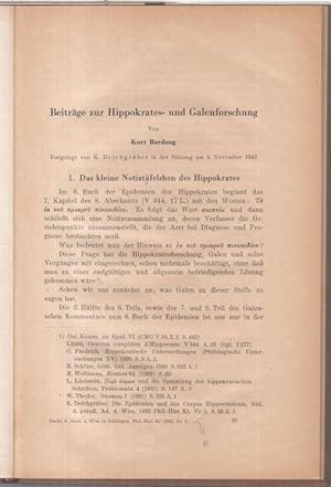 Bild des Verkufers fr Beitrge zur Hippokrates- und Galenforschung ( = Nachrichten der Akademie der Wissenschaften in Gttingen, Philologisch-historische Klasse, 1942, Nr. 7 ). - zum Verkauf von Antiquariat Carl Wegner