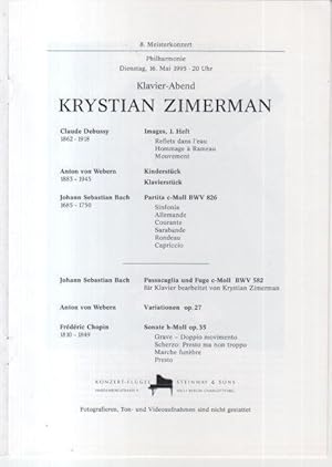 Imagen del vendedor de Programmheft zum Konzert am 16. Mai 1995 in der Berliner Philharmonie. 8. Meisterkonzert mit Werken von Claude Debussy, Anton von Webern und J. S. Bach. - a la venta por Antiquariat Carl Wegner