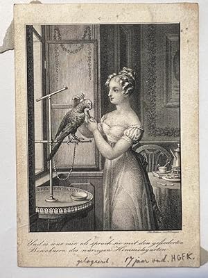 Print ca 1830 | Print of girl and parrot with text in German, made by Franz Xaver Stöber, 1 p.