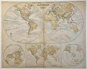 Cartography, colored lithography | Worldmap with globe circles, published ca. 1870, 1 p.
