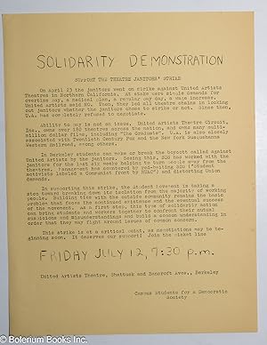 Solidarity demonstration; support the Theatre Janitors' strike [handbill]