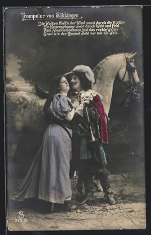 Bild des Verkufers fr Foto-Ansichtskarte L.J., F.F. Nr. 2701 /5: Trompeter von Skkingen mit Dame und Pferd zum Verkauf von Bartko-Reher