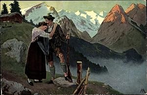 Künstler Ansichtskarte / Postkarte Paar in Trachten im Gebirge, Alpen, Abschied
