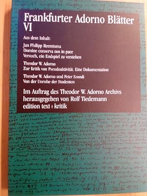 Image du vendeur pour Frankfurter Adorno Bltter VI. (= Frankfurter Adorno Bltter). mis en vente par Antiquariat Seitenwechsel