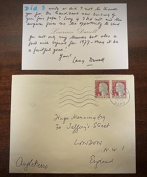 Short ALS card and envelope signed by Lawrence Durrell
