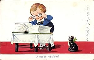 Bild des Verkufers fr Knstler Ansichtskarte / Postkarte Wills, John, Junge mit Brille, dickes Buch, Katze zum Verkauf von akpool GmbH