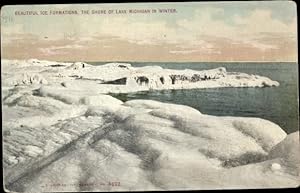 Ansichtskarte / Postkarte Michigan USA, Lake Michigan, Ufer, Eisformationen