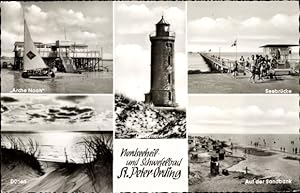 Bild des Verkufers fr Ansichtskarte / Postkarte Nordseebad Sankt Peter Ording, Seebrcke, Sandbank, Arche Noah, Dnen, Leuchtturm zum Verkauf von akpool GmbH