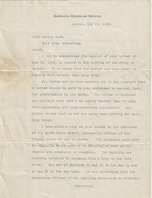 1923 - Letter from the American Consul in Canton to an American missionary regarding the attack u...