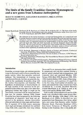 Bild des Verkufers fr The limits of the family Evaniidae (Insecta: Hymenoptera) and a new genus from Lebanese Amber zum Verkauf von ConchBooks