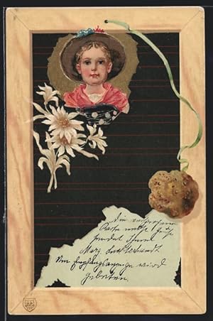 Ansichtskarte Schultafel mit Schwamm, Edelweis und Kinderportrait
