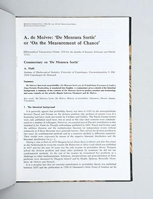 Seller image for A. de Moivre: 'De Mensura Sortis' or 'On the Measurement of Chance'. [Offprinted from:] International Statistical Review, 52, 3, pp. 229-62. for sale by Peter Harrington.  ABA/ ILAB.