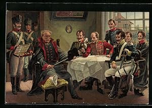 Ansichtskarte Befreiungskriege 1815, Blücher empfängt bei Genappe Orden, Hut und Degen Napoleons