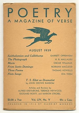 Bild des Verkufers fr Poetry: A Magazine of Verse - Vol. LIV, No. V, August 1939 zum Verkauf von Between the Covers-Rare Books, Inc. ABAA