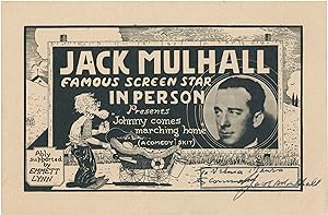 Original advertising card for Jack Mulhall performing a comedy skit "Johnny Comes Marching Home,"...