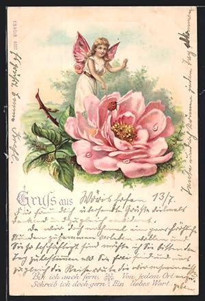 Lithographie Elfe mit Rose und Marienkäfer