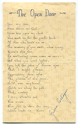 First Lady Grace Coolidge Signed Poem "The Open Door"