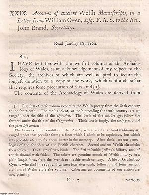 Seller image for Account of Ancient Welsh Manuscripts, in a Letter from William Owen to the Rev.John Brand. Read Jan. 18, 1802. An uncommon original article from the journal Archaeologia, 1803. for sale by Cosmo Books