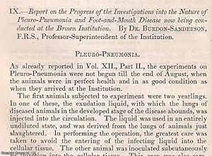 Image du vendeur pour The Progress of the Investigations into the Nature of Pleuro-Pneumonia & Foot-and-Mouth Disease now being conducted at the Brown Institution TOGETHER WITH the Outbreak of Cattle-Plague. Two complete original articles from the Journal of the Royal Agricultural Society of England, 1877. mis en vente par Cosmo Books