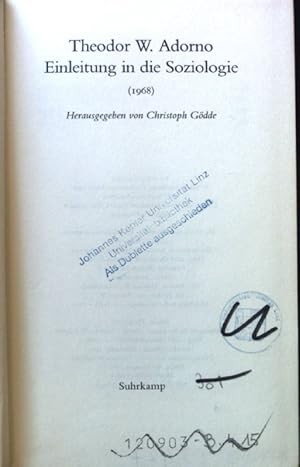 Imagen del vendedor de Theodor W. Adorno. Einleitung in die Soziologie (1968). Nachgelassene Schriftten; Abteilung IV: Vorlesungen; Bd. 15 a la venta por books4less (Versandantiquariat Petra Gros GmbH & Co. KG)