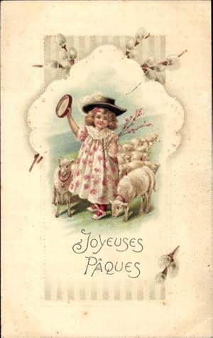 Ansichtskarte / Postkarte Glückwunsch Ostern, Mädchen mit Lämmern, Weidenkätzchen