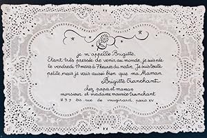 Faire-part de naissance de Brigitte ,fille de Maurice Tranchant. 239 bis rue de Vaugirard à Paris...