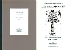 Imagen del vendedor de Die Philosophen. Das Mysterium des Sonnenstichs. Mit 9 Originalholzschnitten von Wolfgang E. Herbst. [Mit 9 Original-Holzschnitten]. a la venta por Antiquariat Lenzen